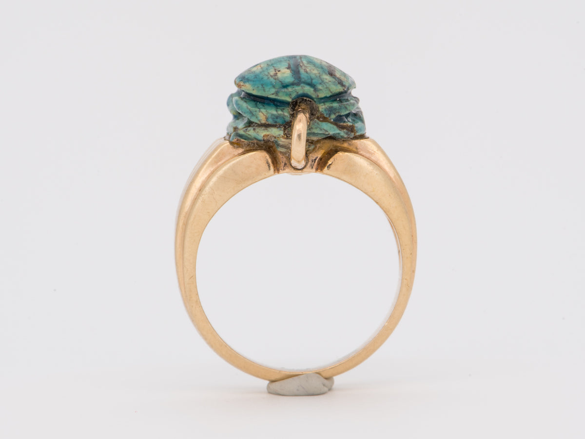 14K Gold Antique Scarab Carving Ring Egyptian Revival Sacred Beetle Khepri God of Creation Rebirth V1270