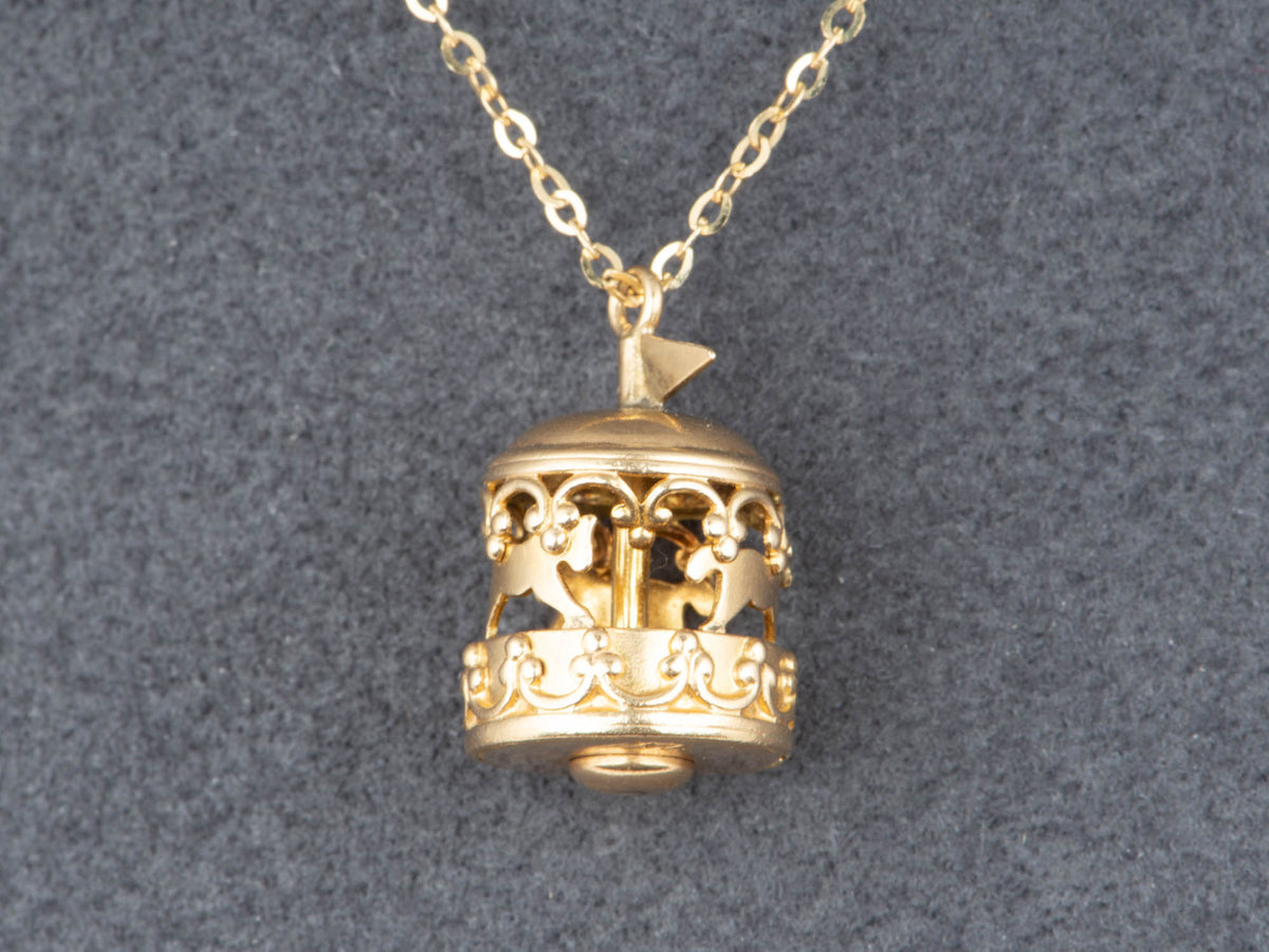 14K Gold Vintage Moving Carousel Charm Pendant Articulated Merry-Go-Around Horse Cute Playful Jewelry V1271