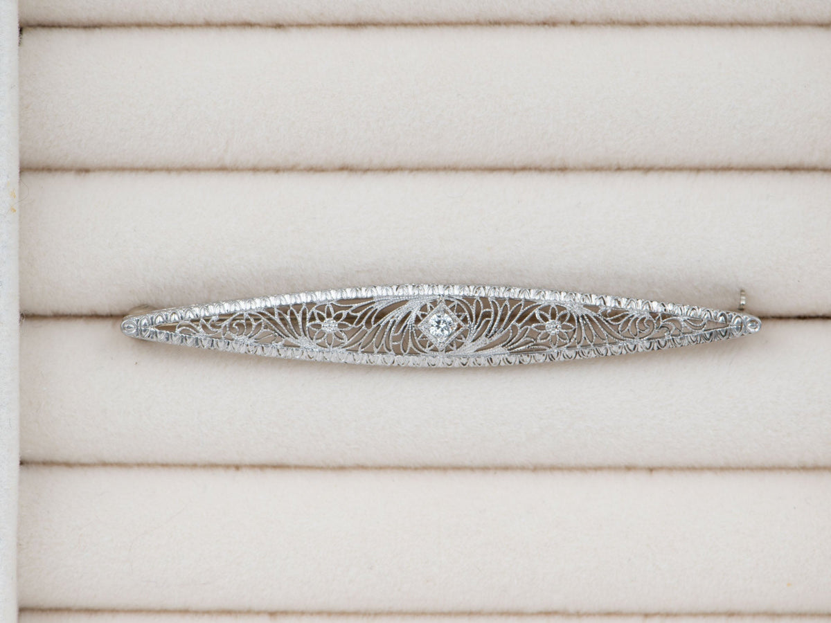 14K Gold Vintage Diamond Filigree Bar Pin Art Deco Elongated Long Brooch V1272 Aurora Designer