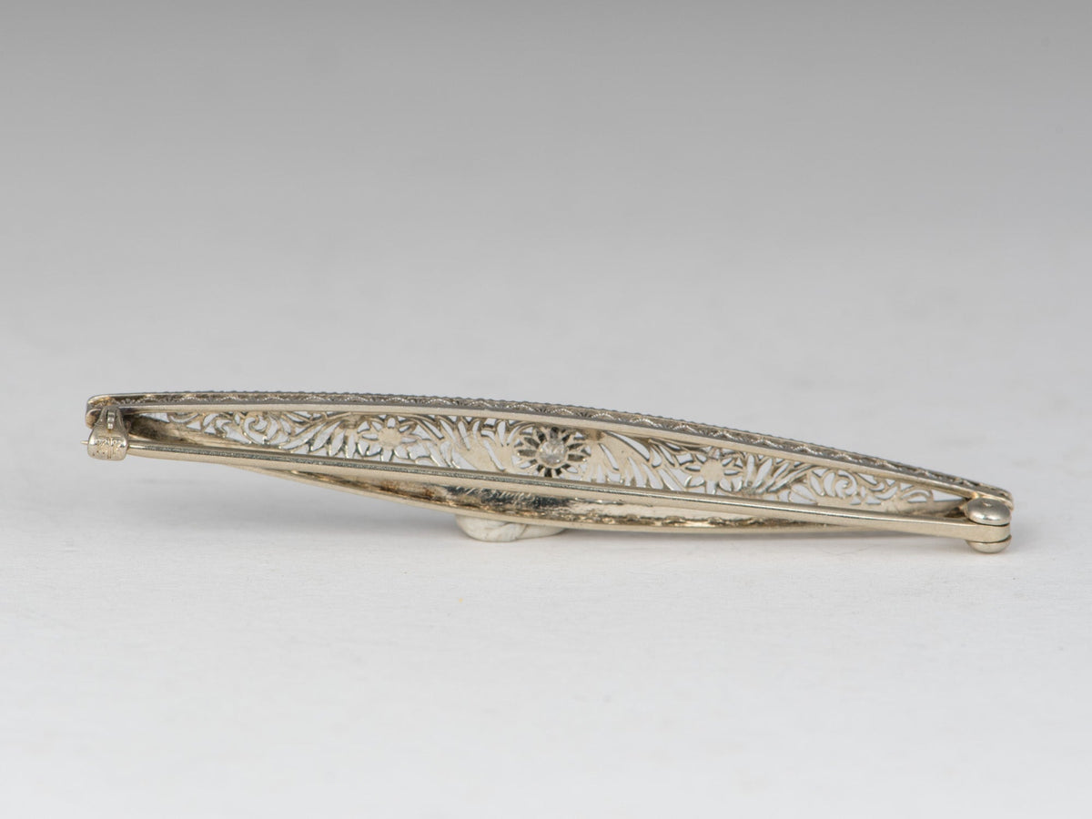 14K Gold Vintage Diamond Filigree Bar Pin Art Deco Elongated Long Brooch V1272 Aurora Designer