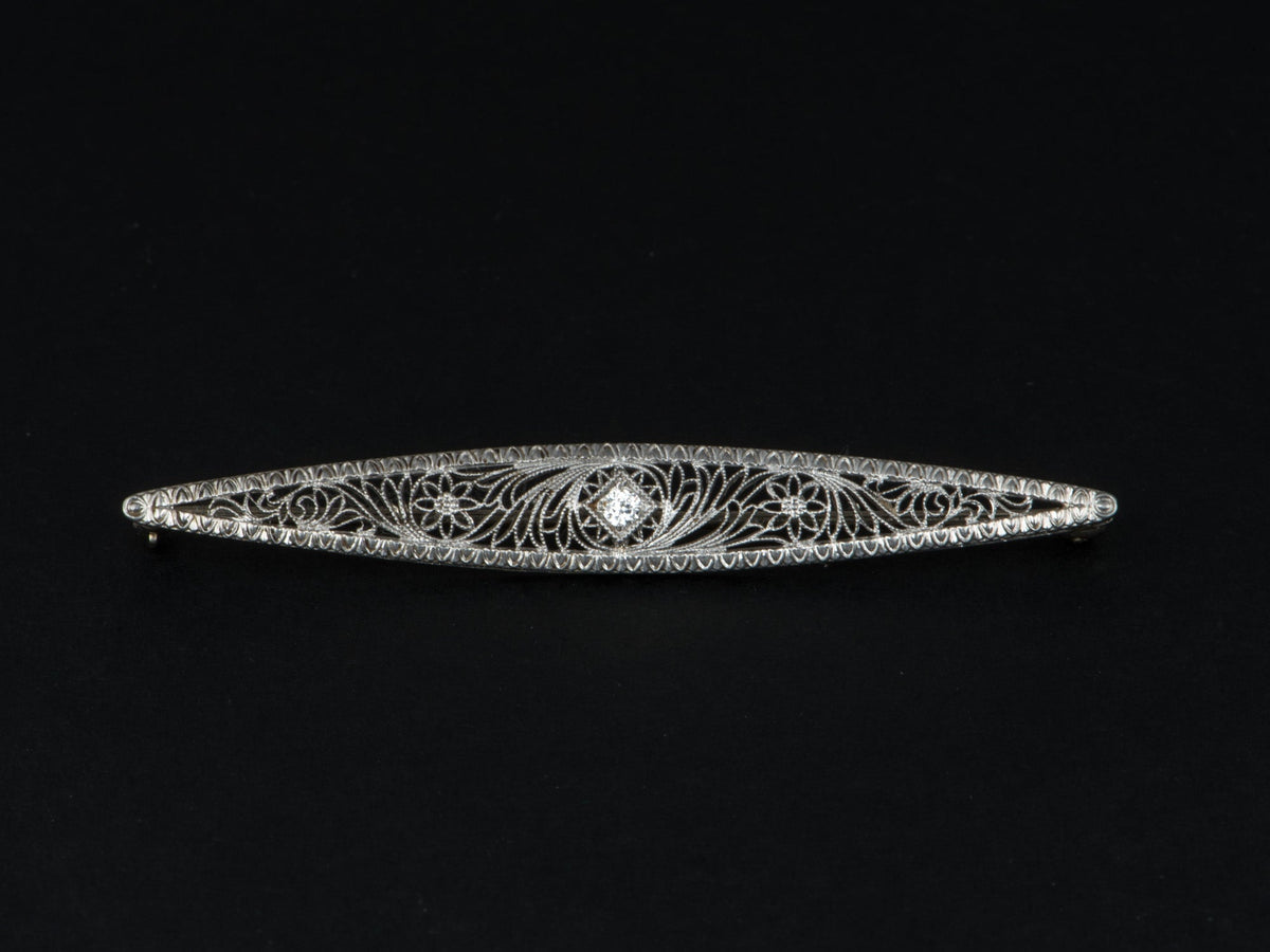 14K Gold Vintage Diamond Filigree Bar Pin Art Deco Elongated Long Brooch V1272 Aurora Designer