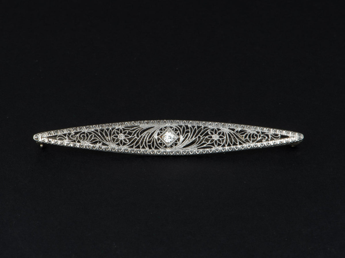 14K Gold Vintage Diamond Filigree Bar Pin Art Deco Elongated Long Brooch V1272 Aurora Designer