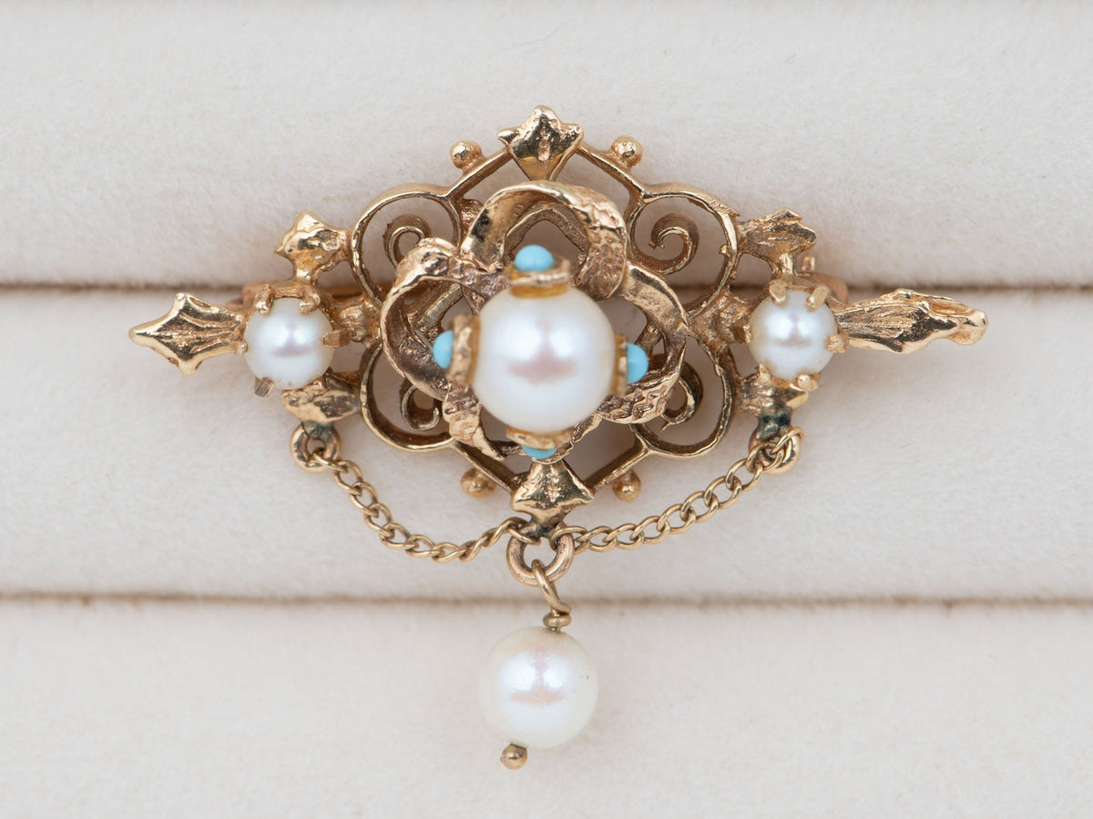 14K Gold Antique Victorian Pearl &amp; Turquoise Brooch Pin Intricate Art Nouveau Scrolls Dangling Salt Water Pearls V1273 Aurora Designer