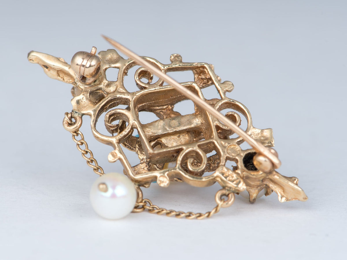 14K Gold Antique Victorian Pearl &amp; Turquoise Brooch Pin Intricate Art Nouveau Scrolls Dangling Salt Water Pearls V1273 Aurora Designer