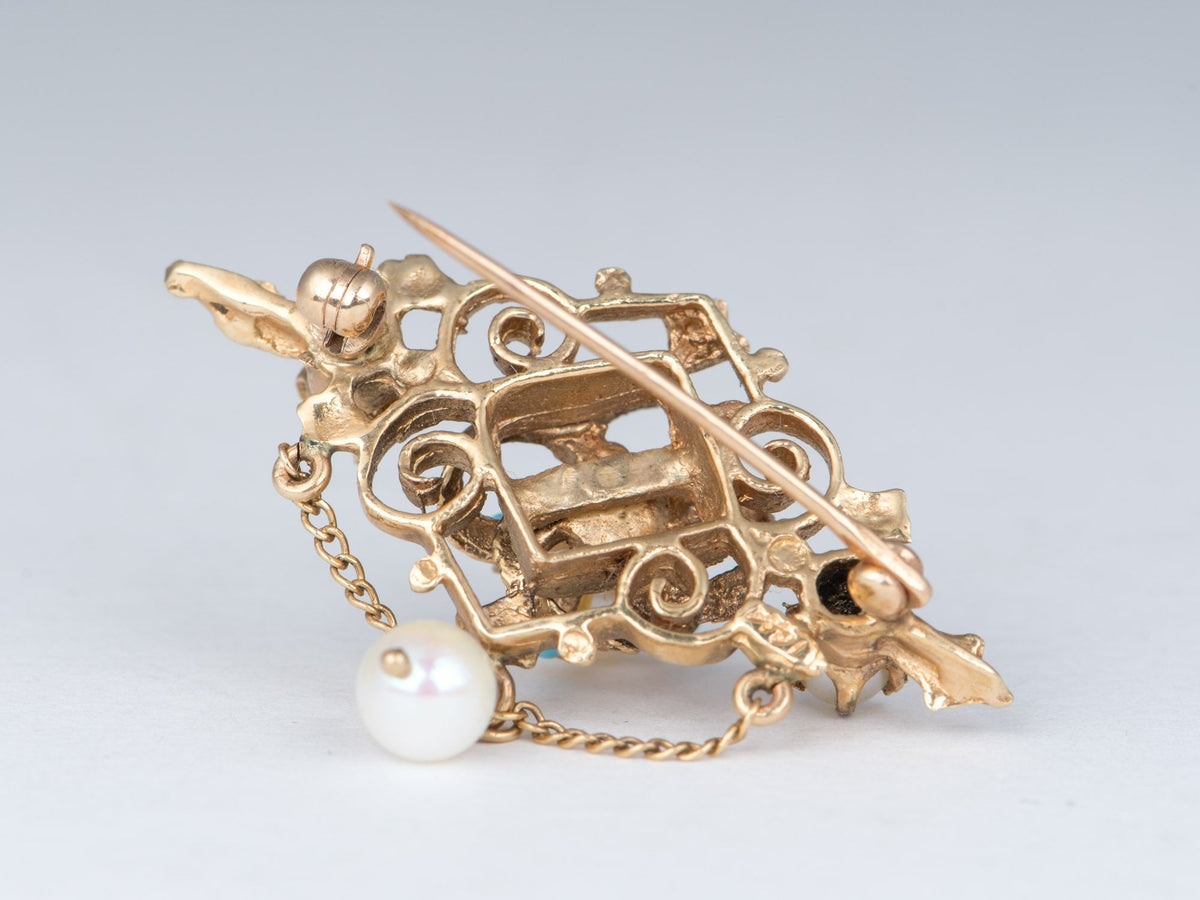14K Gold Antique Victorian Pearl &amp; Turquoise Brooch Pin Intricate Art Nouveau Scrolls Dangling Salt Water Pearls V1273 Aurora Designer