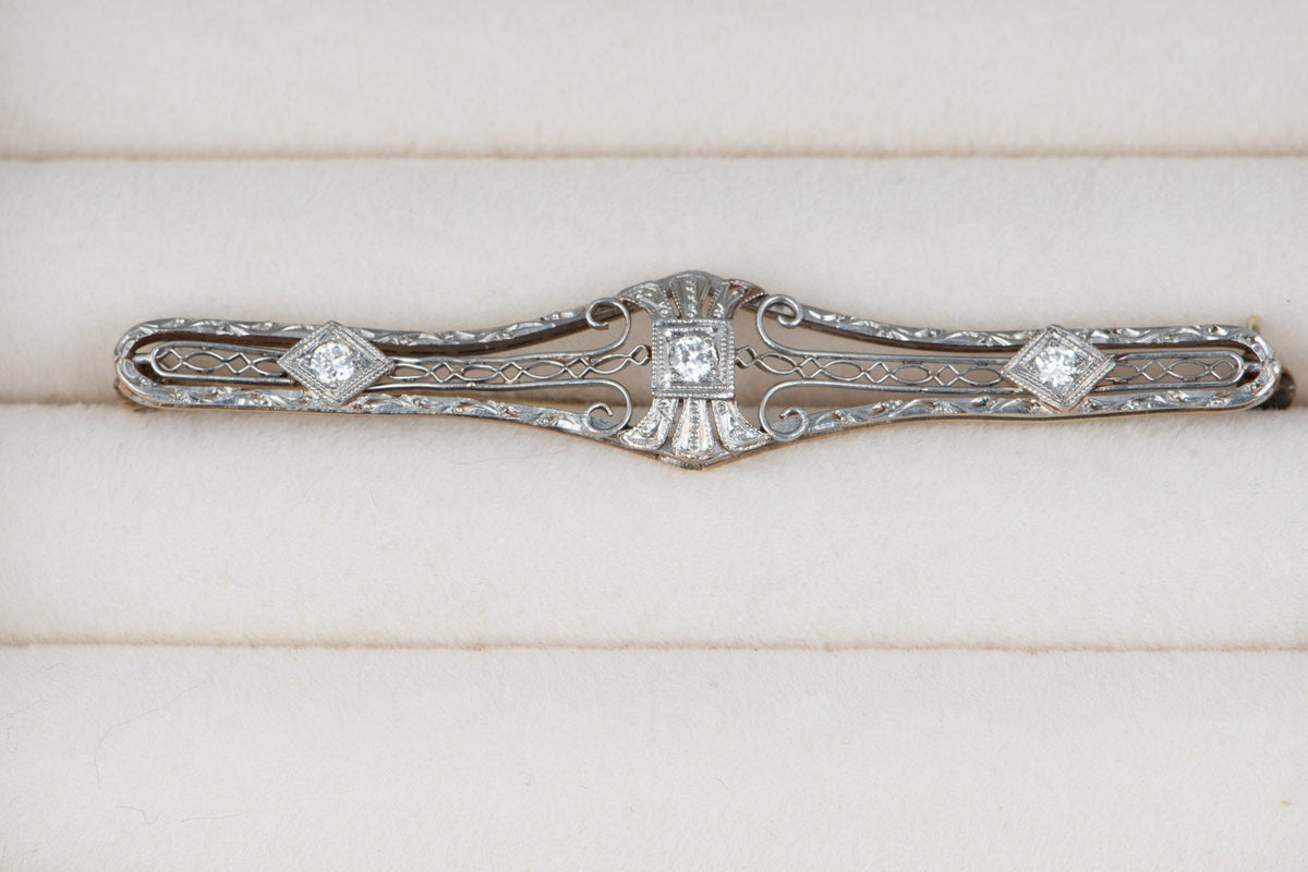 14K White Gold Antique Art Deco Diamond Filigree Bar Pin Elongated Shape Intricate Design Old Cut Diamonds V1274 Aurora Designer
