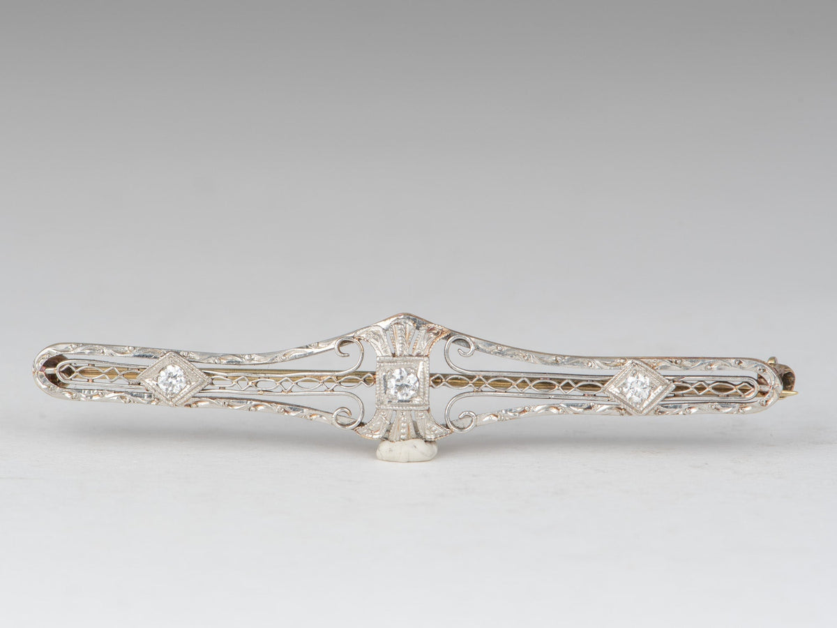 14K White Gold Antique Art Deco Diamond Filigree Bar Pin Elongated Shape Intricate Design Old Cut Diamonds V1274 Aurora Designer