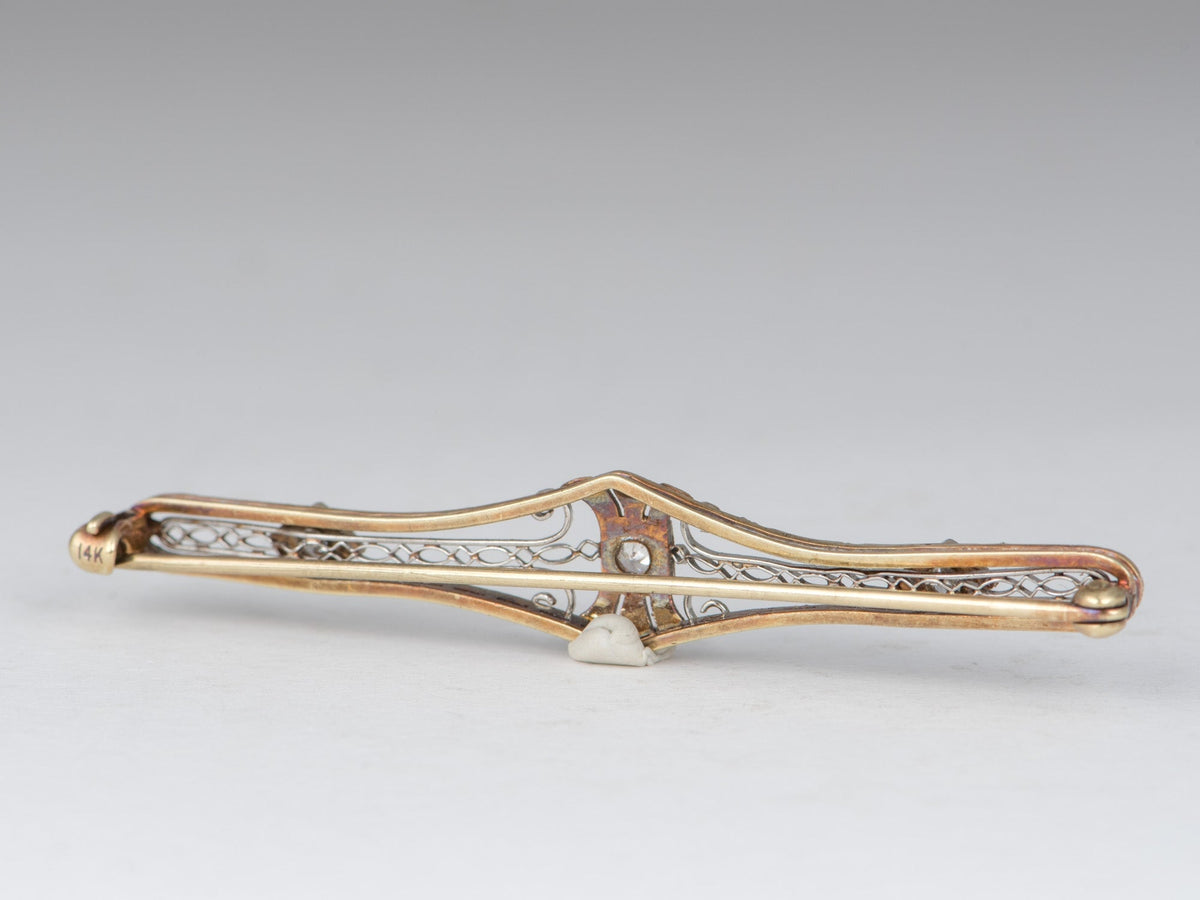 14K White Gold Antique Art Deco Diamond Filigree Bar Pin Elongated Shape Intricate Design Old Cut Diamonds V1274 Aurora Designer