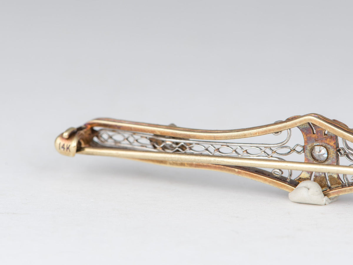 14K White Gold Antique Art Deco Diamond Filigree Bar Pin Elongated Shape Intricate Design Old Cut Diamonds V1274 Aurora Designer