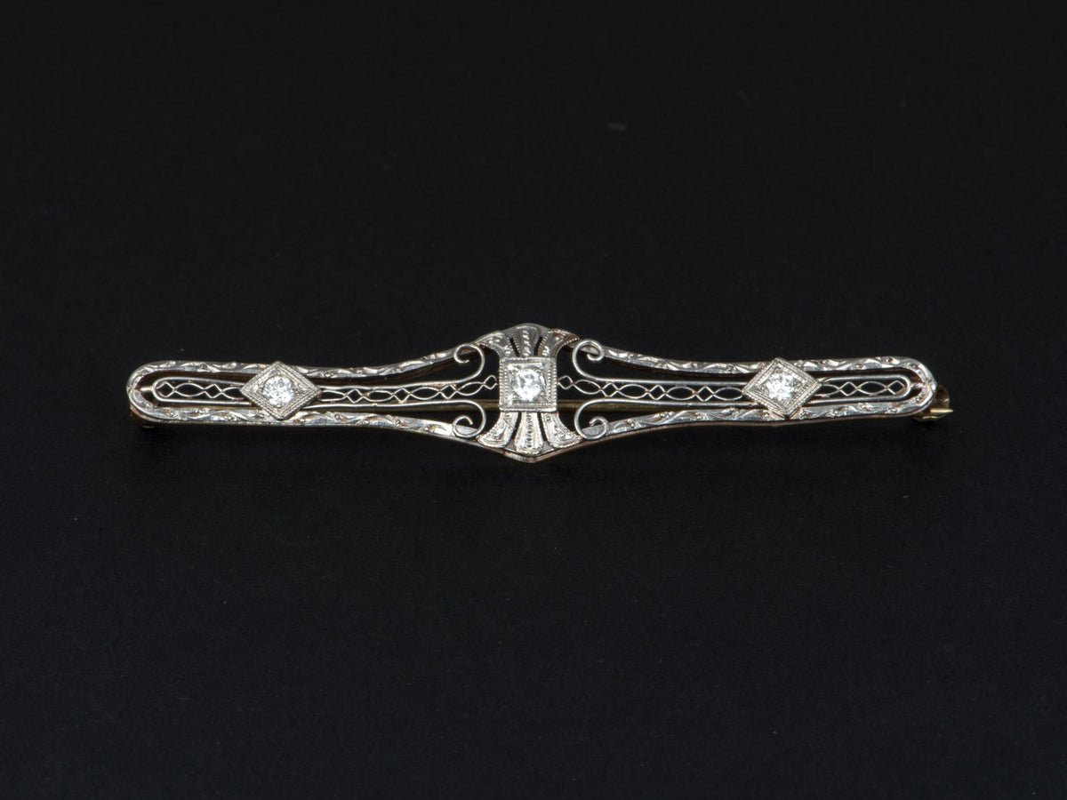 14K White Gold Antique Art Deco Diamond Filigree Bar Pin Elongated Shape Intricate Design Old Cut Diamonds V1274 Aurora Designer