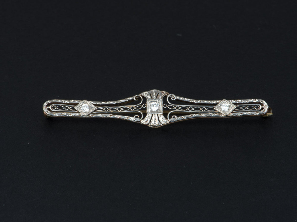 14K White Gold Antique Art Deco Diamond Filigree Bar Pin Elongated Shape Intricate Design Old Cut Diamonds V1274 Aurora Designer
