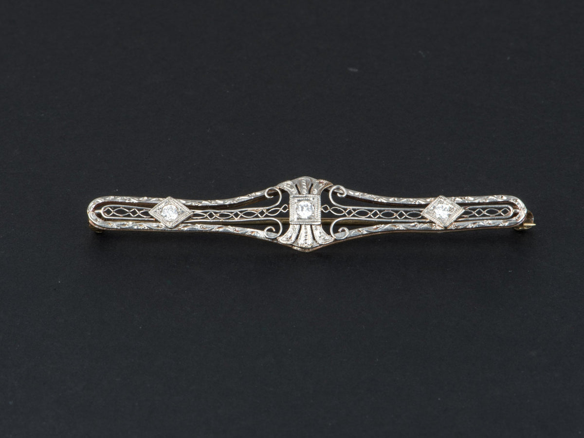 14K White Gold Antique Art Deco Diamond Filigree Bar Pin Elongated Shape Intricate Design Old Cut Diamonds V1274 Aurora Designer