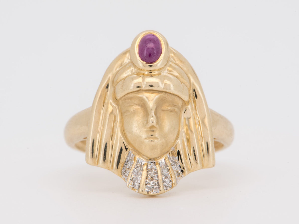 14K Gold Egyptian Revival Ring with Ruby and Diamond African Queen Goddess Motif Woman Figure Cleopatra Nefertiti V1279 V Aurora Designer