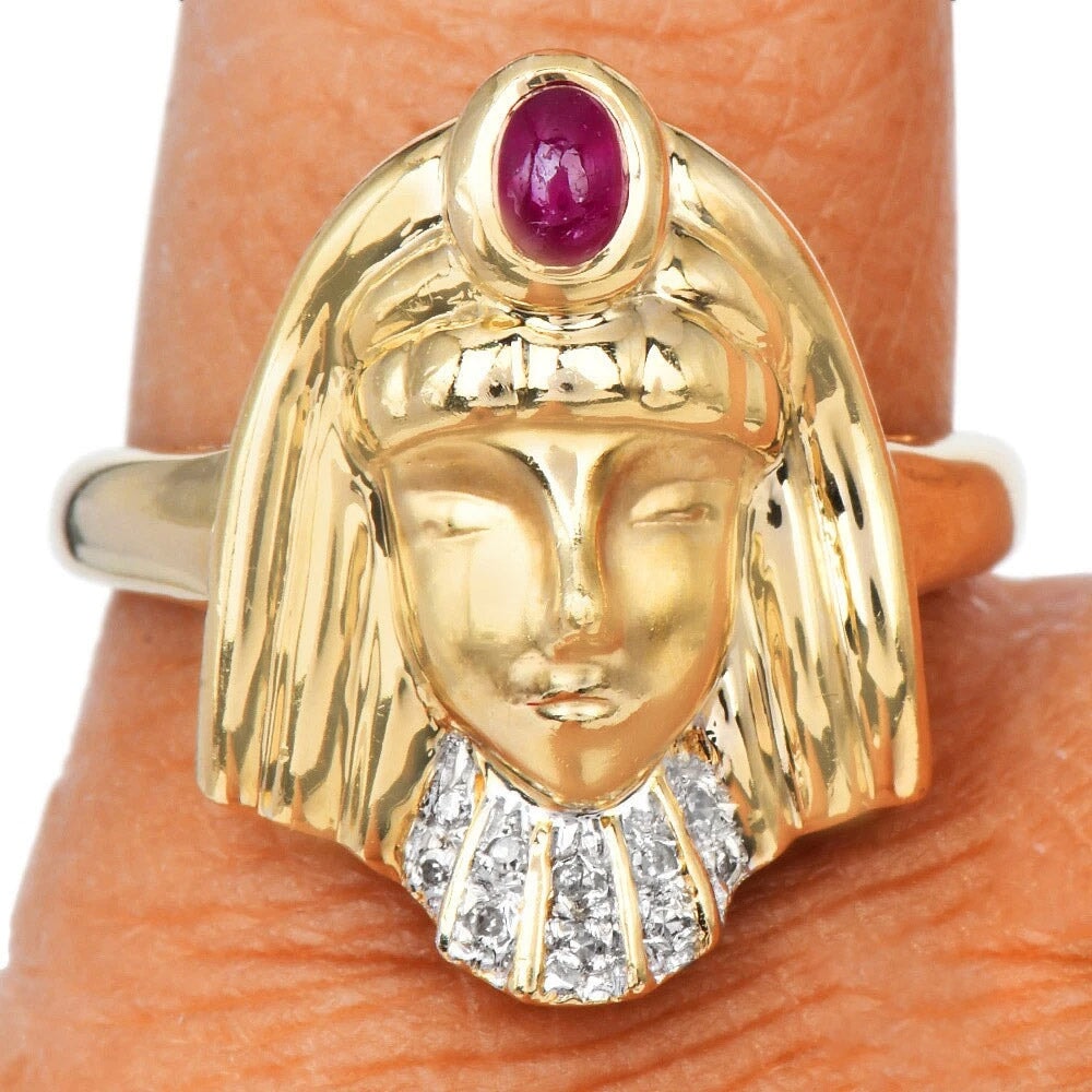 14K Gold Egyptian Revival Ring with Ruby and Diamond African Queen Goddess Motif Woman Figure Cleopatra Nefertiti V1279 V Aurora Designer