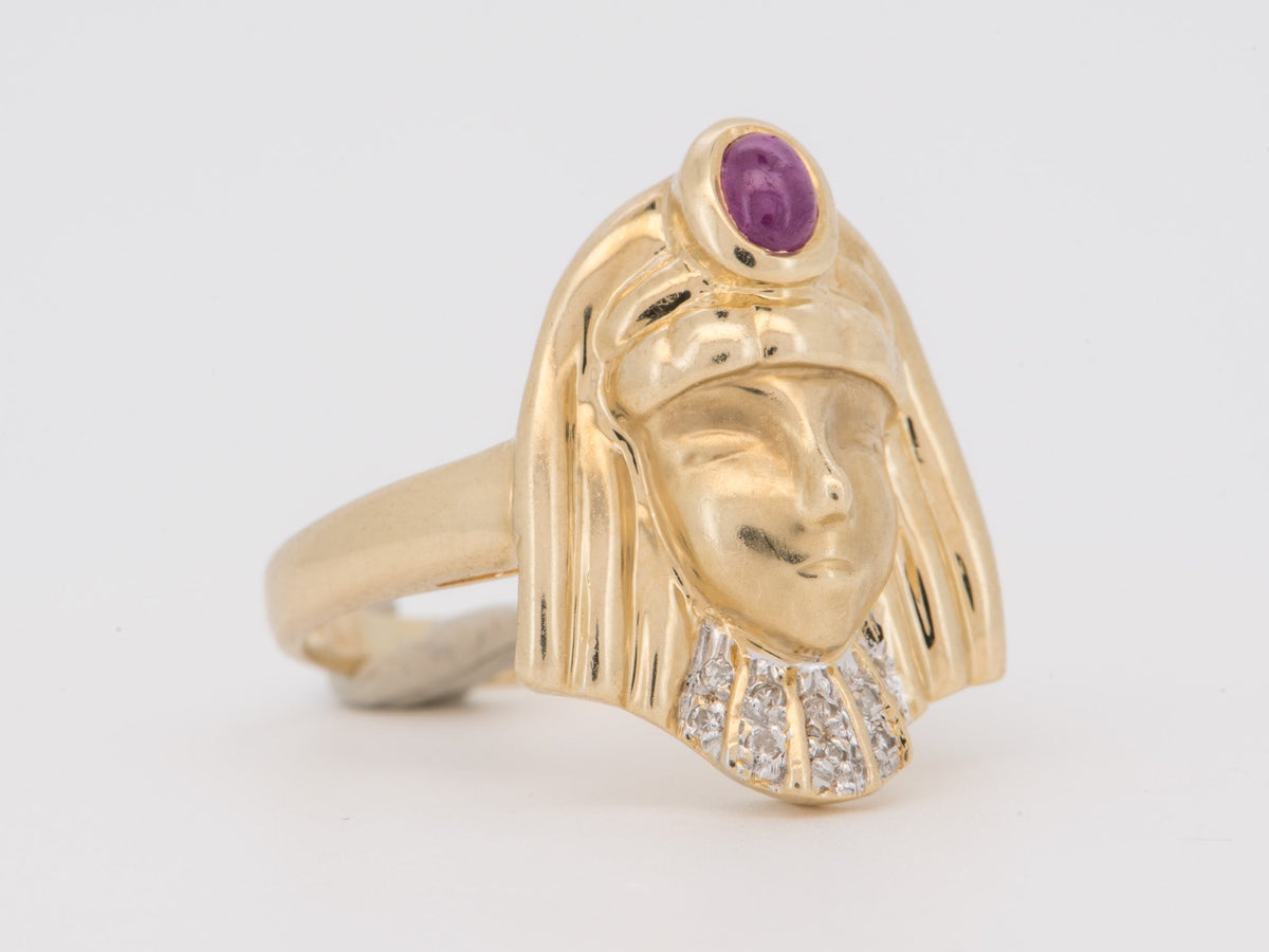 14K Gold Egyptian Revival Ring with Ruby and Diamond African Queen Goddess Motif Woman Figure Cleopatra Nefertiti V1279 V Aurora Designer