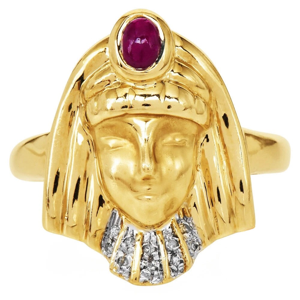 14K Gold Egyptian Revival Ring with Ruby and Diamond African Queen Goddess Motif Woman Figure Cleopatra Nefertiti V1279 V Aurora Designer