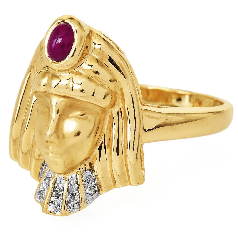 14K Gold Egyptian Revival Ring with Ruby and Diamond African Queen Goddess Motif Woman Figure Cleopatra Nefertiti V1279 V Aurora Designer