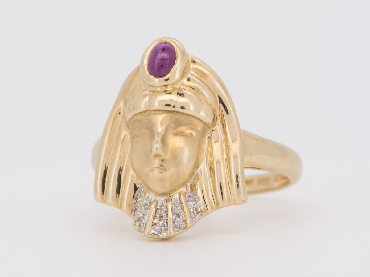 14K Gold Egyptian Revival Ring with Ruby and Diamond African Queen Goddess Motif Woman Figure Cleopatra Nefertiti V1279 V Aurora Designer