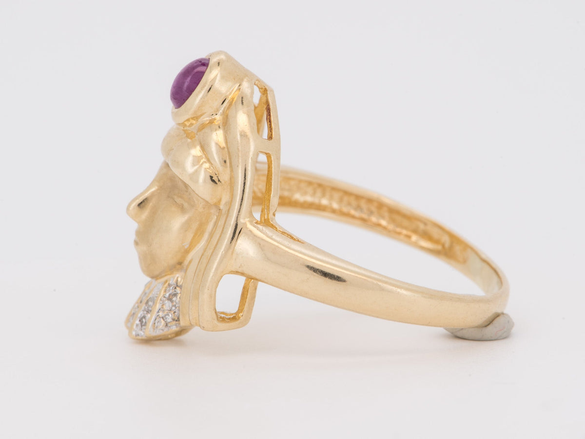14K Gold Egyptian Revival Ring with Ruby and Diamond African Queen Goddess Motif Woman Figure Cleopatra Nefertiti V1279 V Aurora Designer