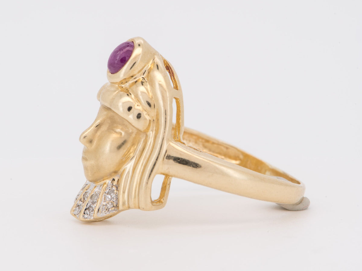 14K Gold Egyptian Revival Ring with Ruby and Diamond African Queen Goddess Motif Woman Figure Cleopatra Nefertiti V1279 V Aurora Designer