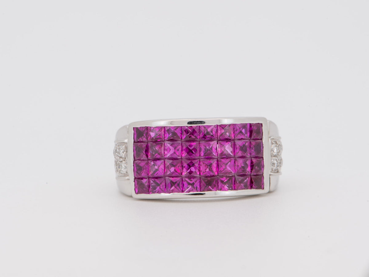 18K White Gold Invisible Set Ruby Saddle Ring Diamond Accent Bright Red Earth Gemstone Wedding Band V1280 Aurora Designer