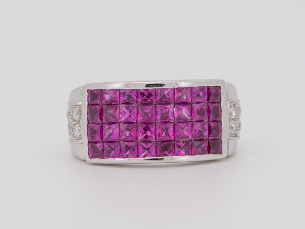 18K White Gold Invisible Set Ruby Saddle Ring Diamond Accent Bright Red Earth Gemstone Wedding Band V1280 Aurora Designer