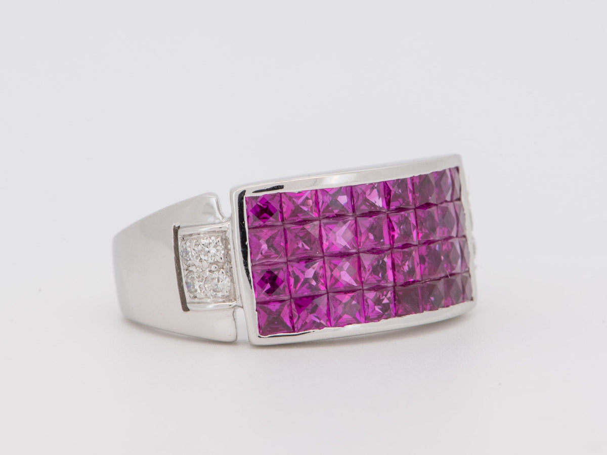 18K White Gold Invisible Set Ruby Saddle Ring Diamond Accent Bright Red Earth Gemstone Wedding Band V1280 Aurora Designer