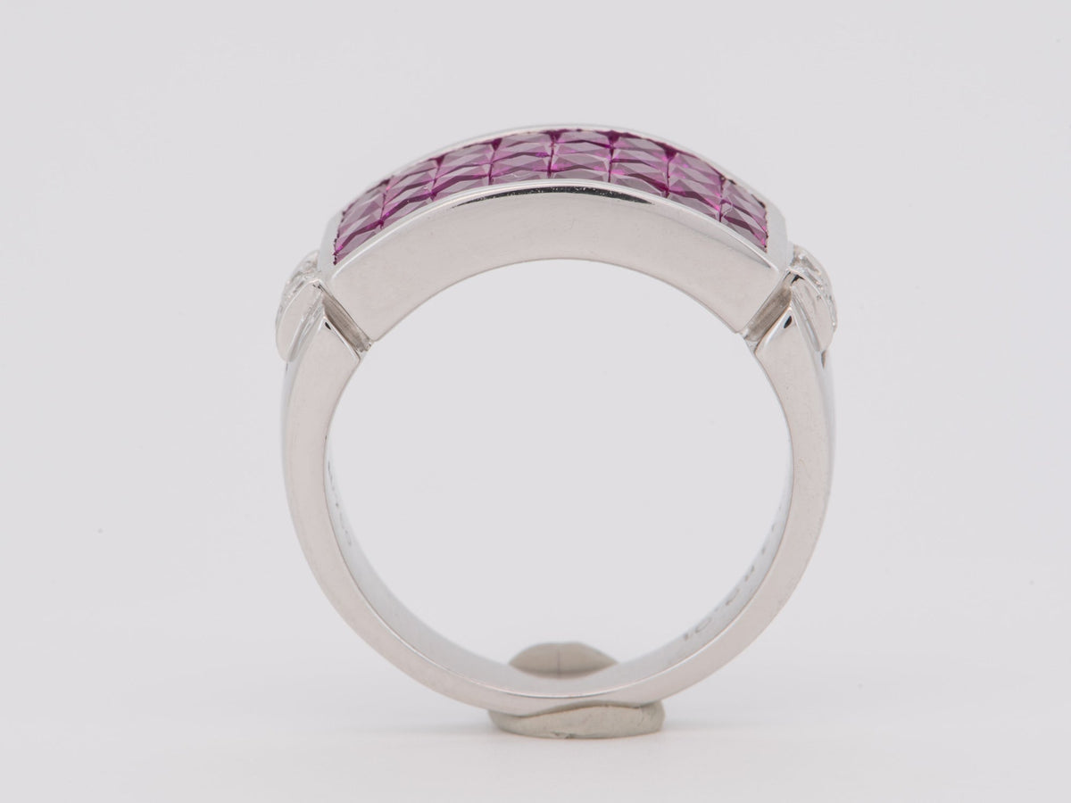 18K White Gold Invisible Set Ruby Saddle Ring Diamond Accent Bright Red Earth Gemstone Wedding Band V1280 Aurora Designer