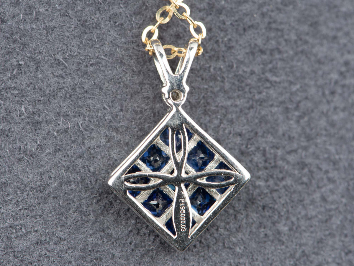 Platinum Invisible Set Royal Blue Sapphire Pendant with Diamond Accent Seamless No Prong Setting V1291