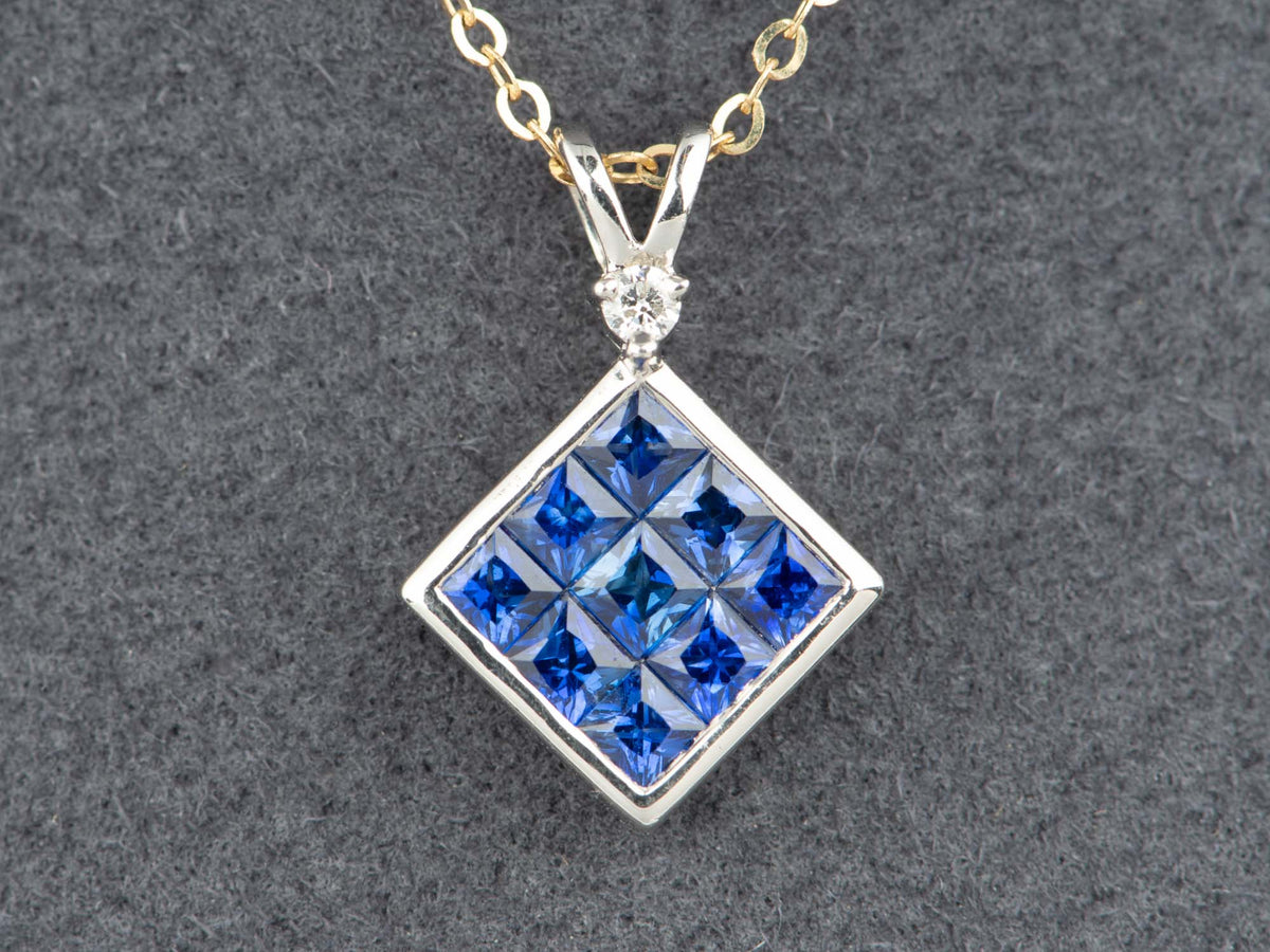 Platinum Invisible Set Royal Blue Sapphire Pendant with Diamond Accent Seamless No Prong Setting V1291