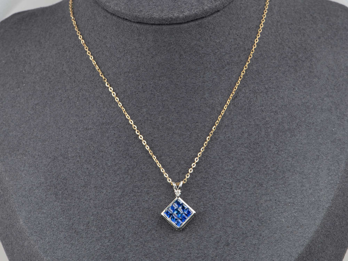 Platinum Invisible Set Royal Blue Sapphire Pendant with Diamond Accent Seamless No Prong Setting V1291