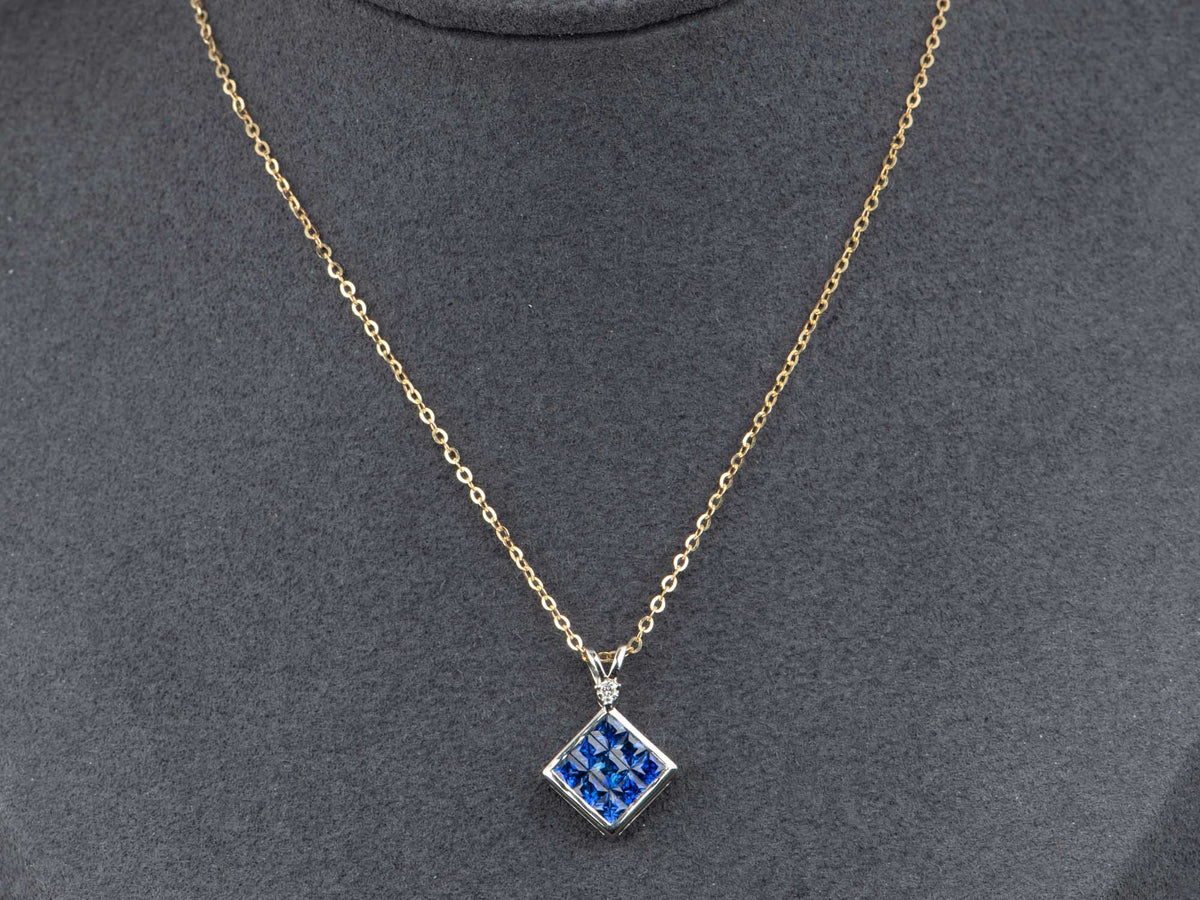 Platinum Invisible Set Royal Blue Sapphire Pendant with Diamond Accent Seamless No Prong Setting V1291