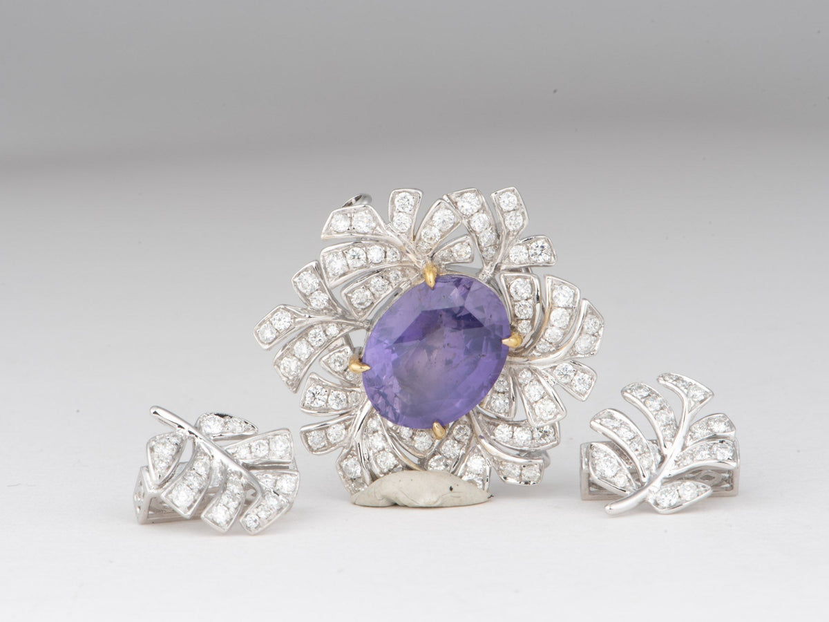 18K White Gold 5.18ct No Heat Sapphire Necklace Bracelet Slider Convertible to Brooch Diamond Petals Flower Floral V1292