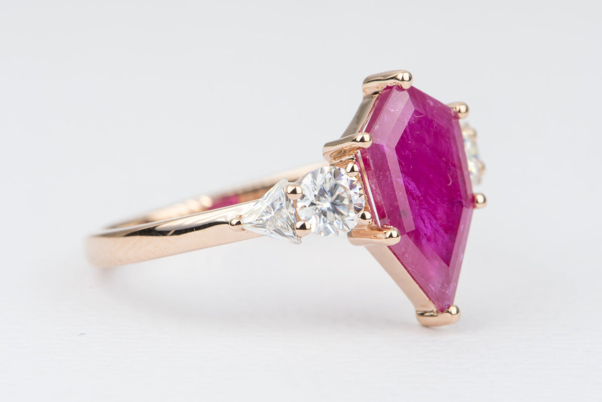 2.03ct Hexagon Ruby Engagement Ring 14K Rose Gold Moissanite Sides OOAK Unique Alternative AD2329 Aurora Designer
