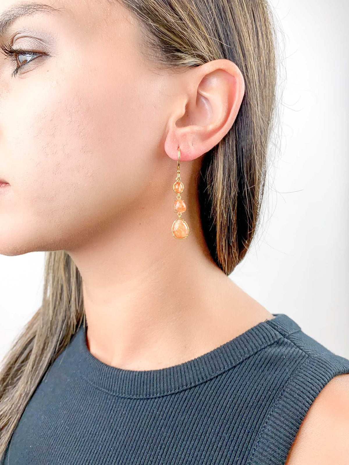 Shimmering Orange Sunstone Long Dangle Earrings 9K Gold R3153 Aurora Designer