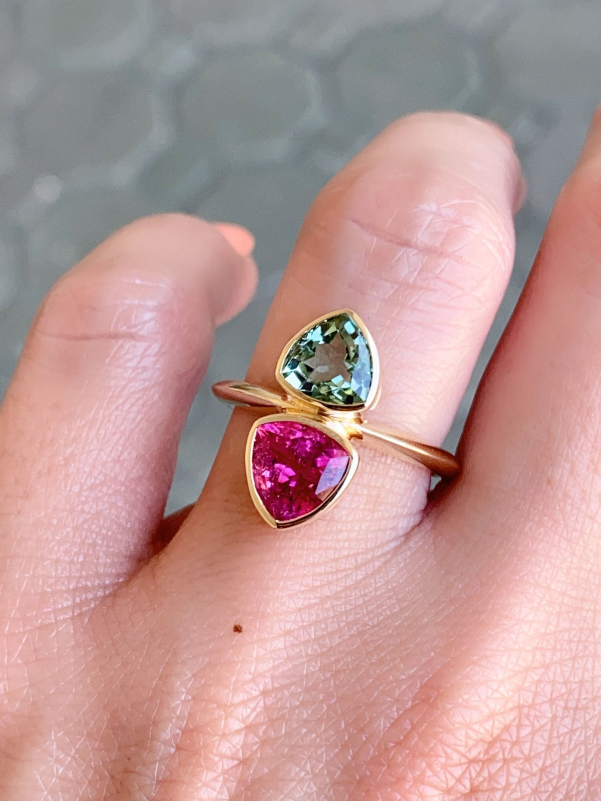 3.53ct Rubellite and Mint Green Tourmaline You and Me Ring 14K Gold R6557 Aurora Designer