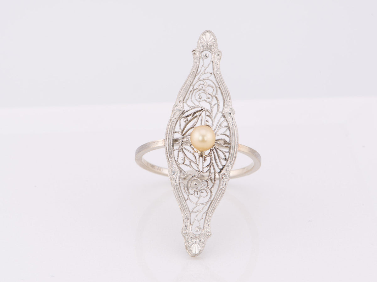 Navette Shape Krementz Filigree and Pearl Vintage Pin Conversion Ring 14K White Gold R6611 Aurora Designer