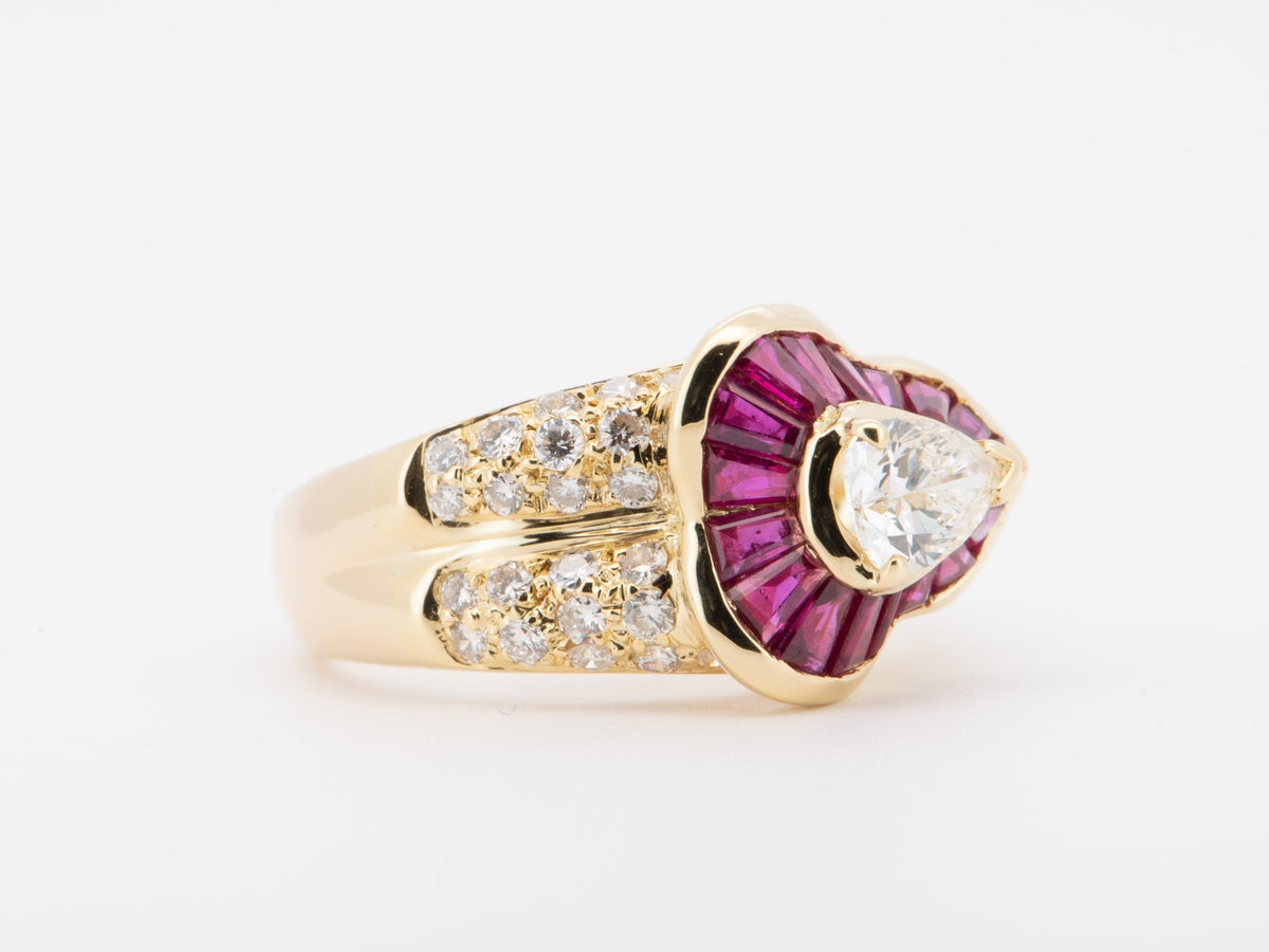 0.51ct Certified Center Diamond and Baguette Ruby Halo Ring 18K Gold R6730 Aurora Designer