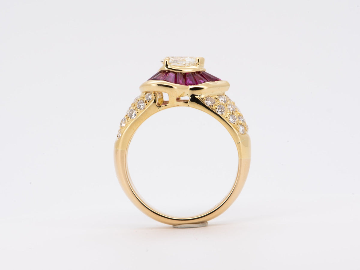 0.51ct Certified Center Diamond and Baguette Ruby Halo Ring 18K Gold R6730 Aurora Designer