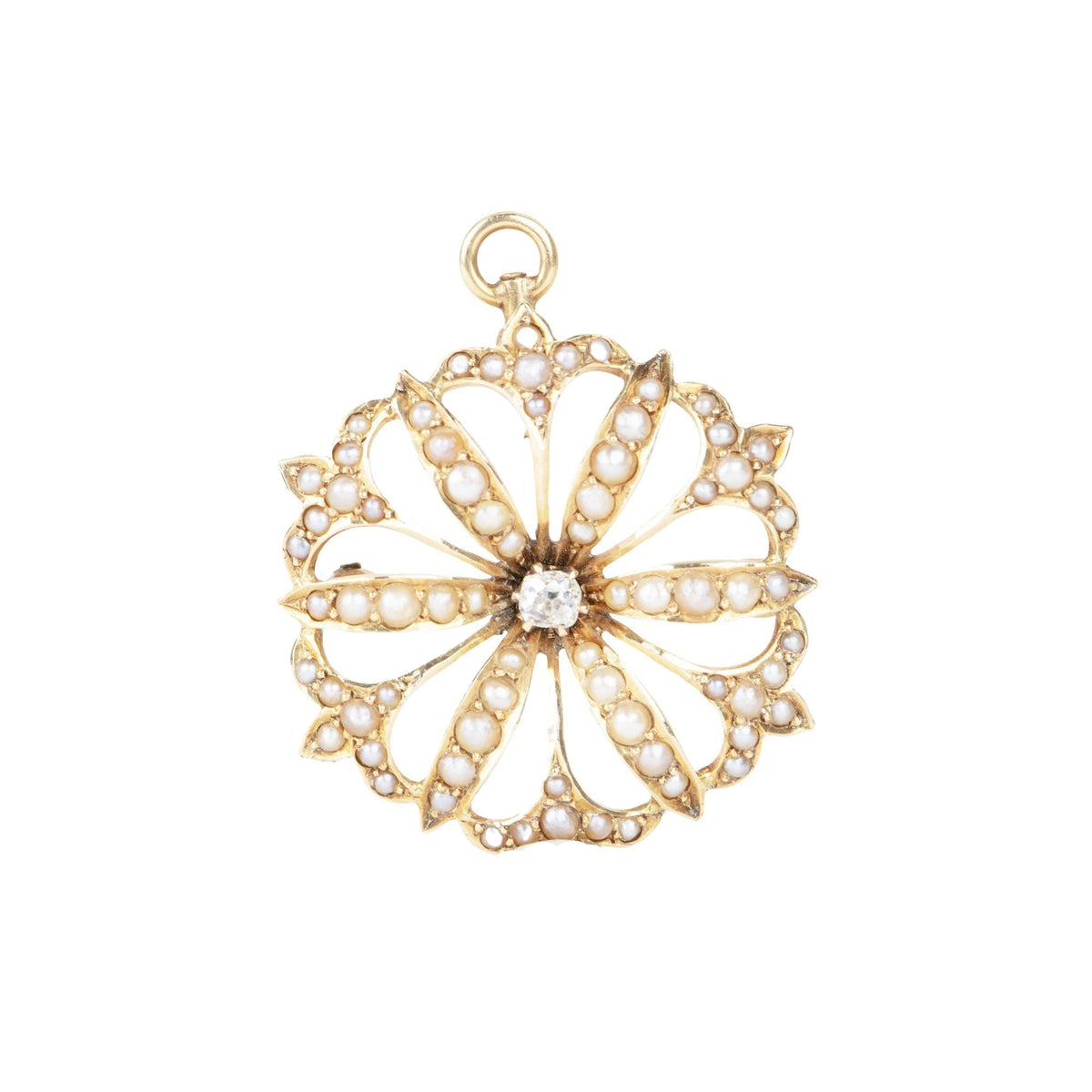 Antique Art Nouveau Seed Pearl Floral Pin Brooch Pendant 14K Gold V1088 Aurora Designer