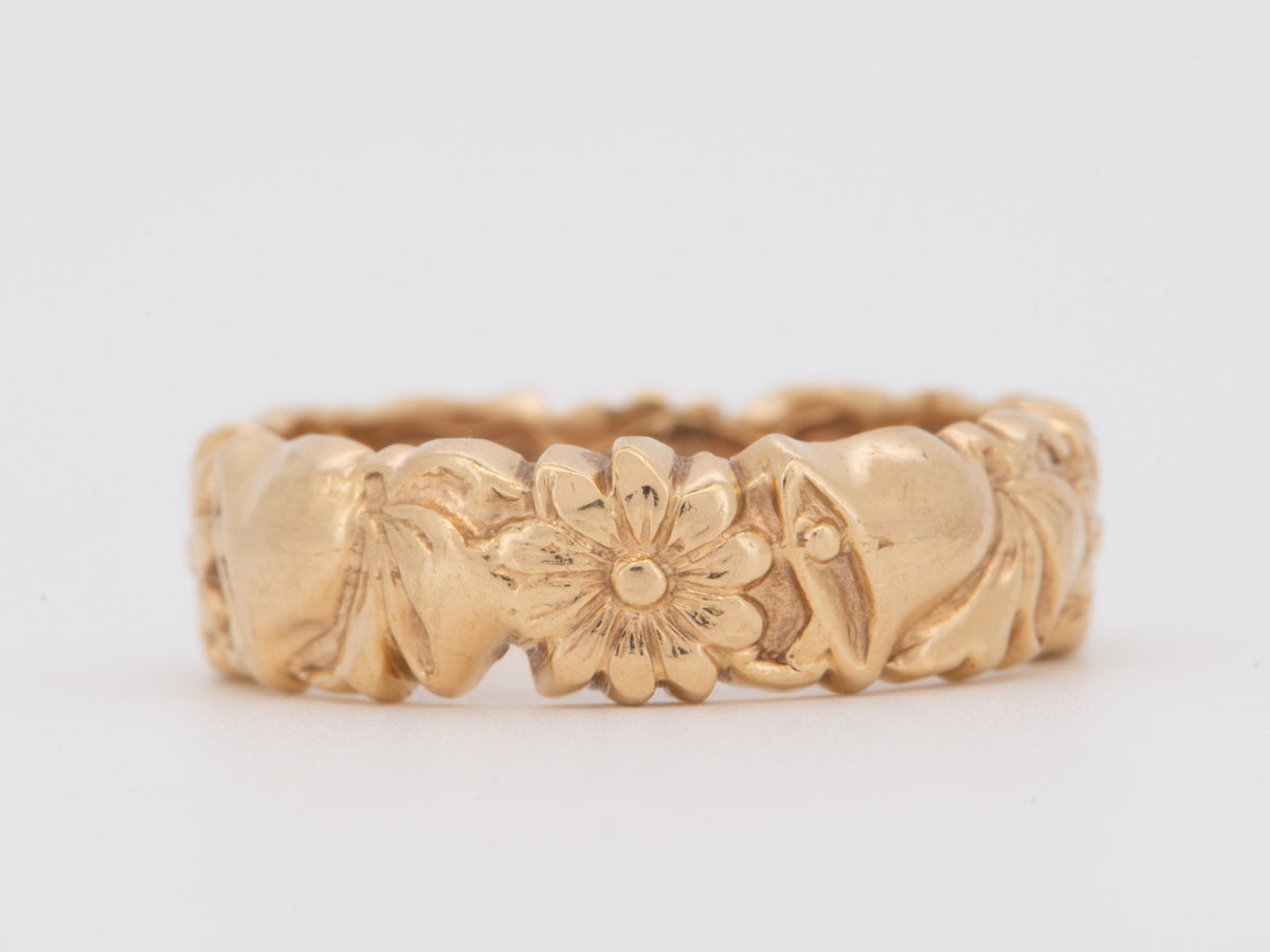 14K Gold Vintage Engraved Flower &amp; Bell &amp; Bow Tie Wedding Band Ring Antique Estate Jewelry V1219