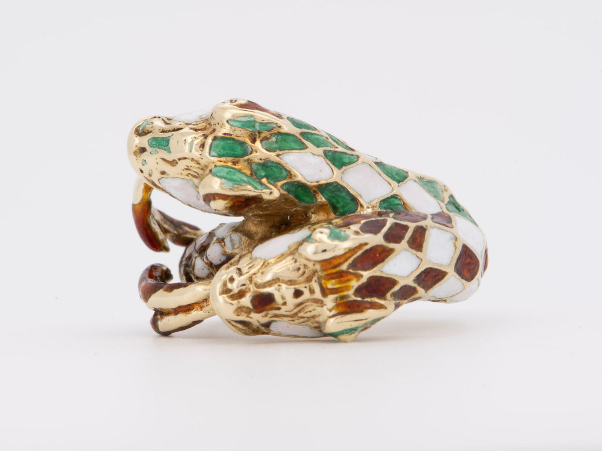 14K Gold Double Head Serpent Snake Ring with Enamel Tongue Heavy V1236 Aurora Designer