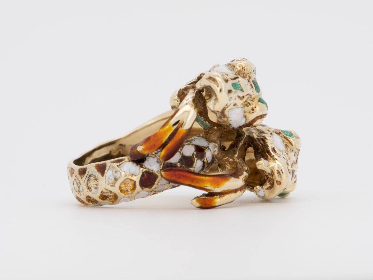 14K Gold Double Head Serpent Snake Ring with Enamel Tongue Heavy V1236 Aurora Designer