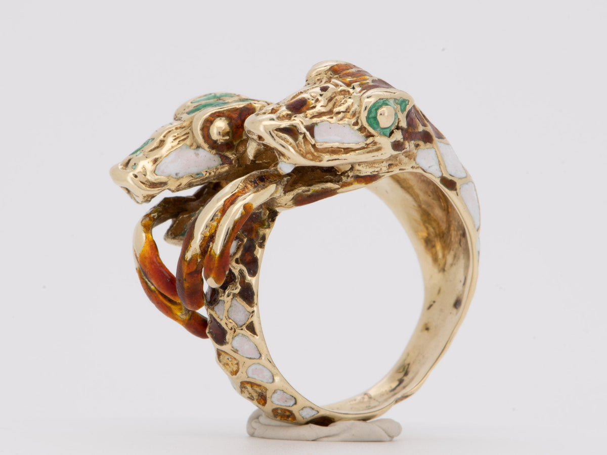 14K Gold Double Head Serpent Snake Ring with Enamel Tongue Heavy V1236 Aurora Designer