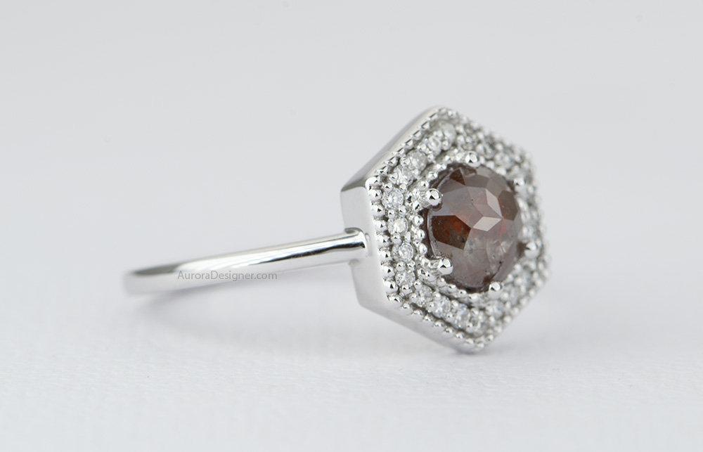 0.78ct Rosecut Round Diamond Engagement Ring 14K White Gold Hexagon Milgrain Halo AD1727