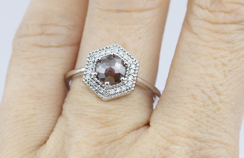 0.78ct Rosecut Round Diamond Engagement Ring 14K White Gold Hexagon Milgrain Halo AD1727