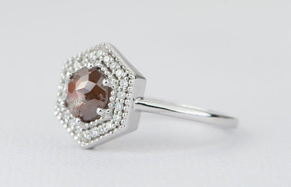 0.78ct Rosecut Round Diamond Engagement Ring 14K White Gold Hexagon Milgrain Halo AD1727