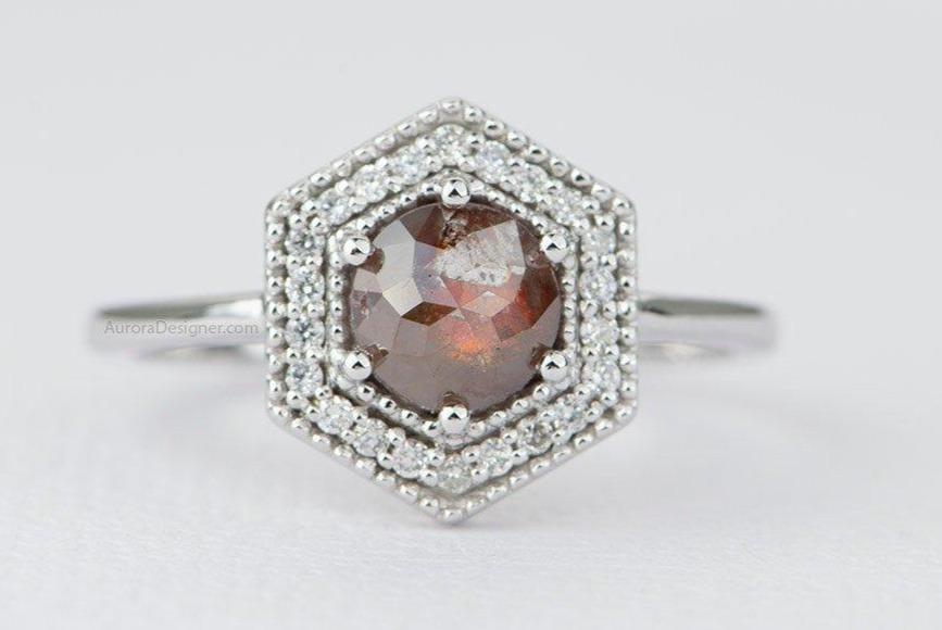 0.78ct Rosecut Round Diamond Engagement Ring 14K White Gold Hexagon Milgrain Halo AD1727
