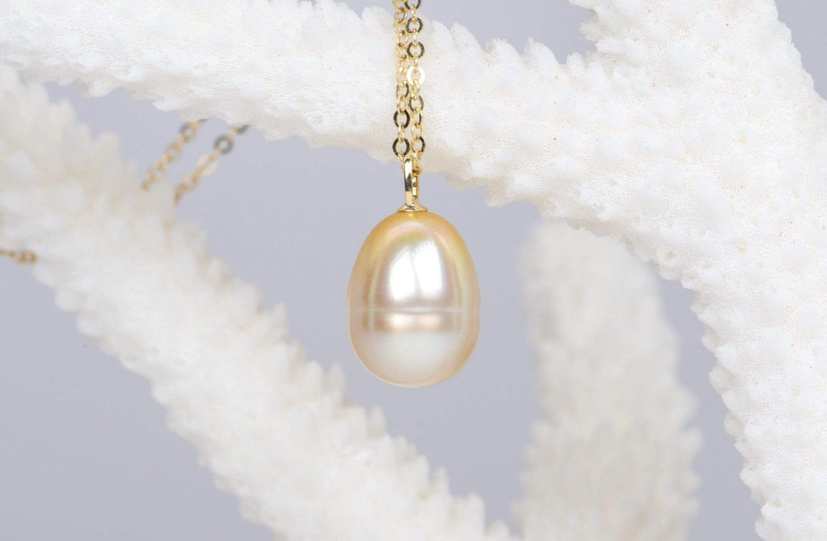 10mm South Sea Golden Pearl Pendant Solid 18K Gold Bail R4033