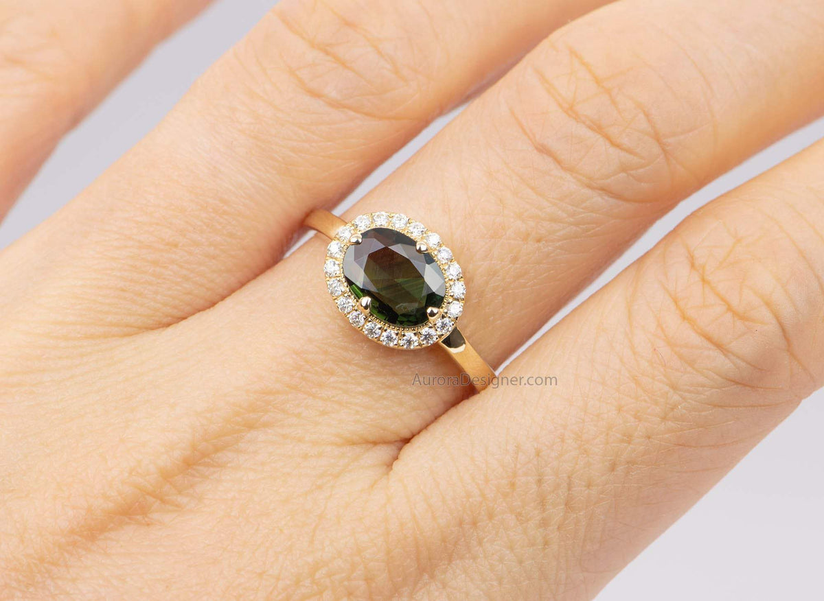 1.16ct Oval Shape Green Sapphire 14K Yellow Gold Engagement Ring Moissanite Halo AD1891